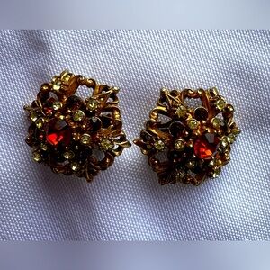 Vintage Florenza amber rhinestone Mogul Gold Tone Clip Earrings  Multicolor